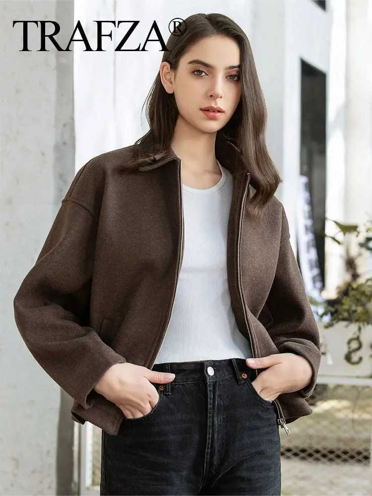 TRAFZA Fashion Brown Zipper Woolen Jacket For Women Elegant Lapel Long Sleeve Short Coats Vintage Autumn Lady Street Outerwear Z250918