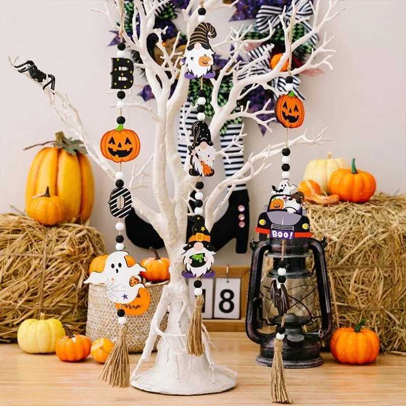 New Halloween Decoration Prop Wooden Beads Pendant Pumpkin Bat Ghost Hanging Ornaments for Wall Home Party Supplies C250919