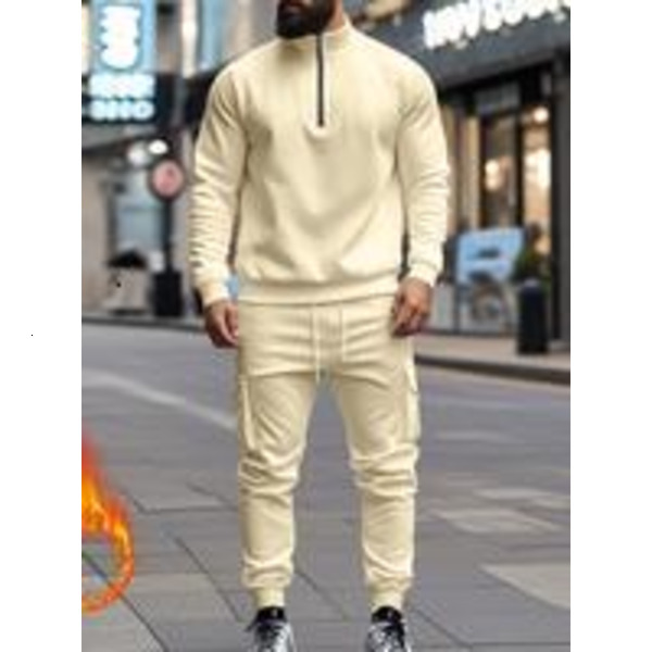 Men's Casual Fleece Lined Fitted Zipper Work Pants Set, Thick Fabric Warm Long Trousers for Fall & Winter, New Arrival Us Style