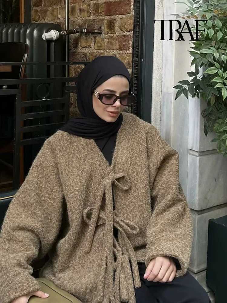 TRAF Women Fashion Casual Knitted Cardigan Autumn and Winter Loose Solid Color VNeck Tie Coat Retro Long Sleeve Commuter Jacket Z250918