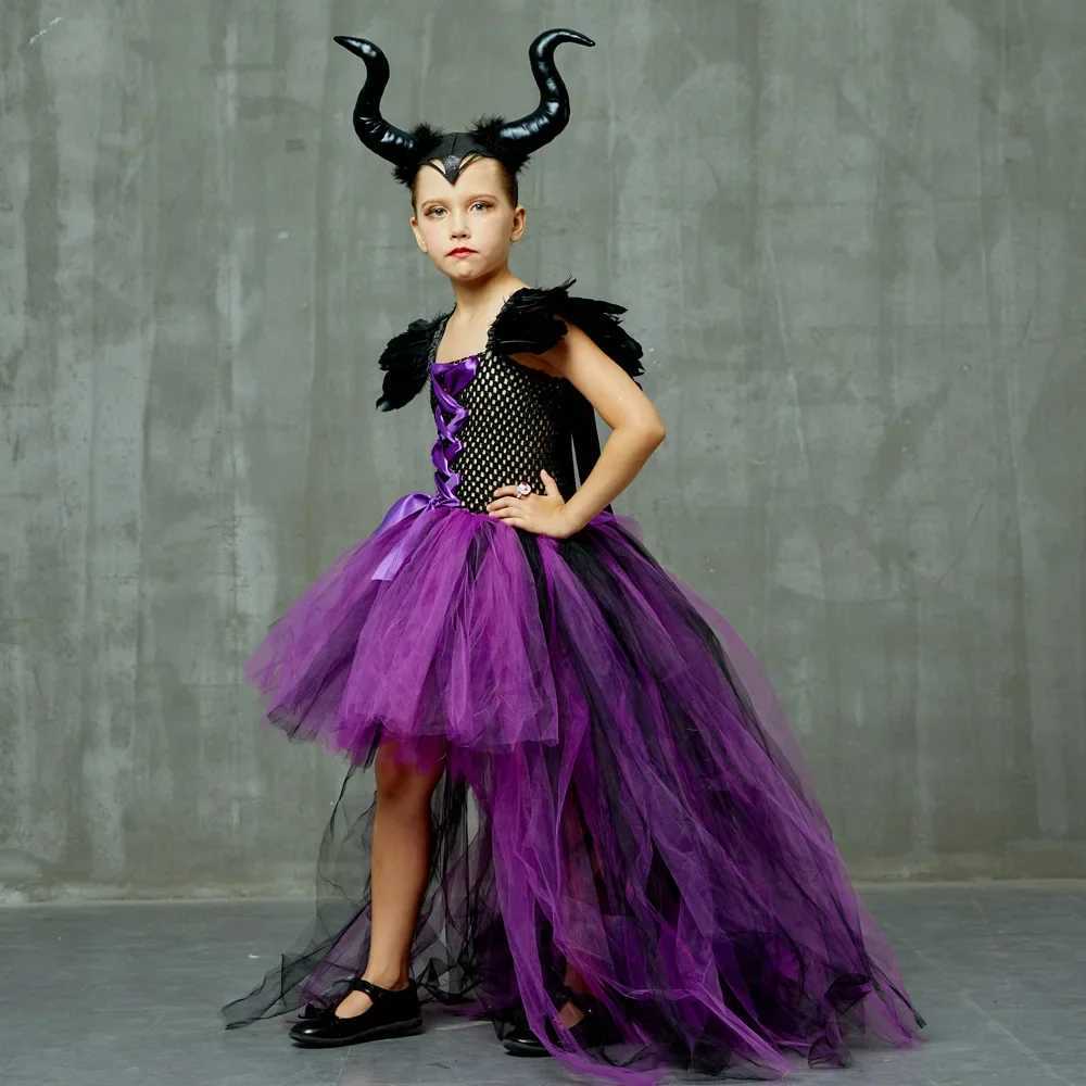 Purple Devil Queen Tutu Mesh Costume Halloween Girls Fancy Trailing Dress With Feather Shawl Royal Kids Ball Gown Robe Outfits L250918