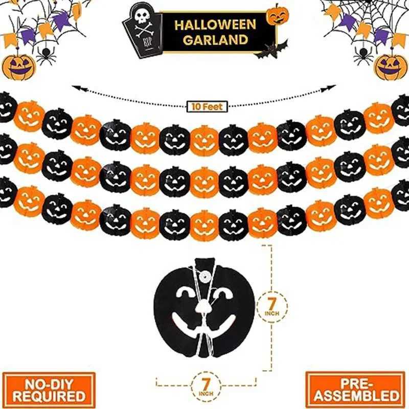 Halloween Honeycomb Pumpkin Paper Garland 3m Spider Web Banner with Skulls Bats Ghost Festival Party Decor for Bar Home C250919
