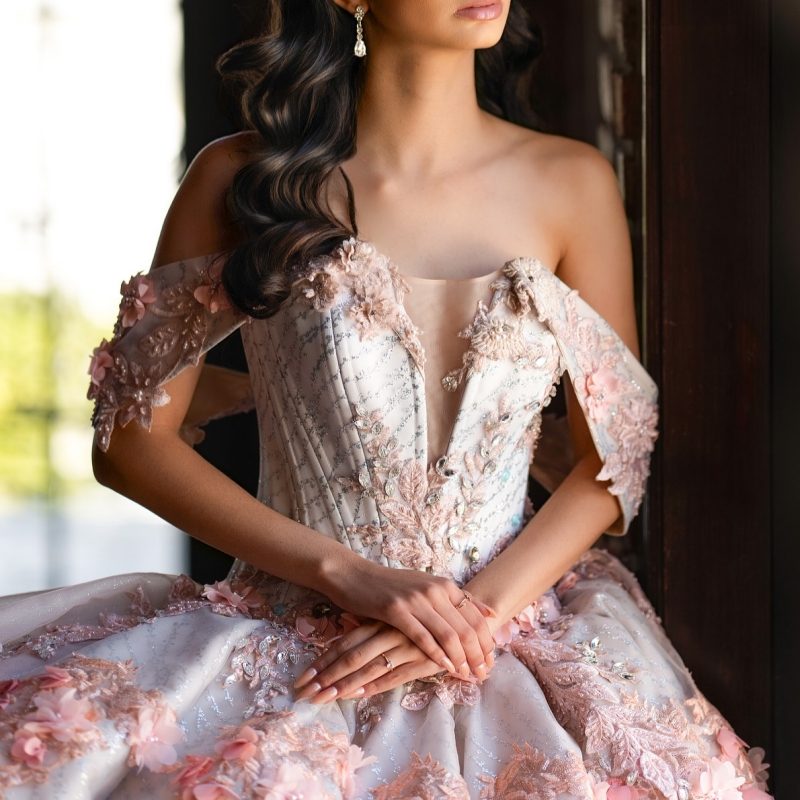 Pink Quinceanera Dresses Off The Shoulder Applique Flower Beading Crystal Tull Party Birthday Sweet 16 Dress Vestidos De 15 Anos