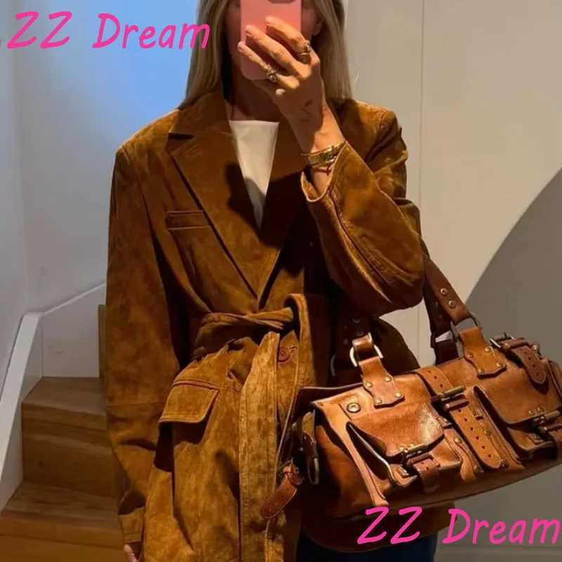 Womens Suede Jacket Solid TurnDown Collar Long Sleeve Coats Waistbelt Pockets Female 2025 New Autumn Fashion Casual Outwears Z250918
