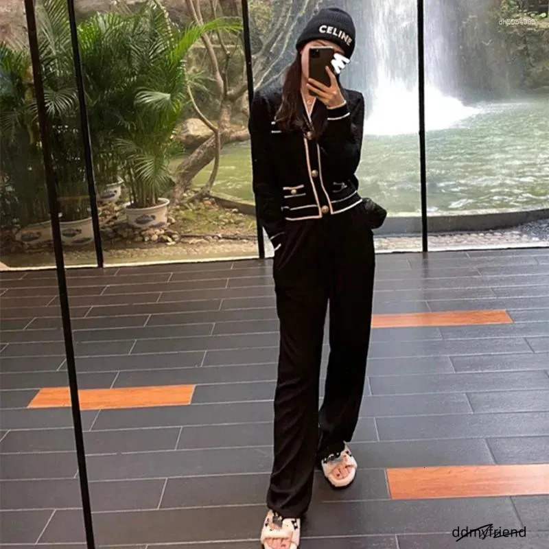 Women's Tracksuits Vintage Fall Winter Knitted 2 Piece Set Female Elegant V Neck Patchwork Sweater Top&Wide Leg Pants Suits Women Casual ddmyfrie