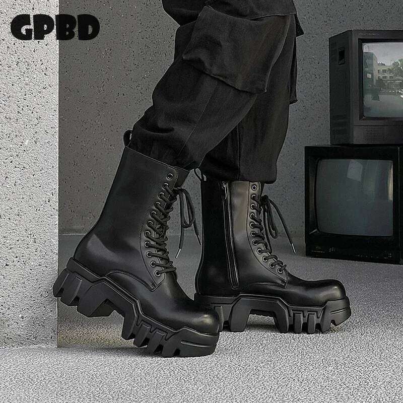 GPBD Gear Bottom Bulldozer Boot Men's 2025 Autumn High Fashion Punk Work Motorcycle Boots High-top Leather Shoes Trend