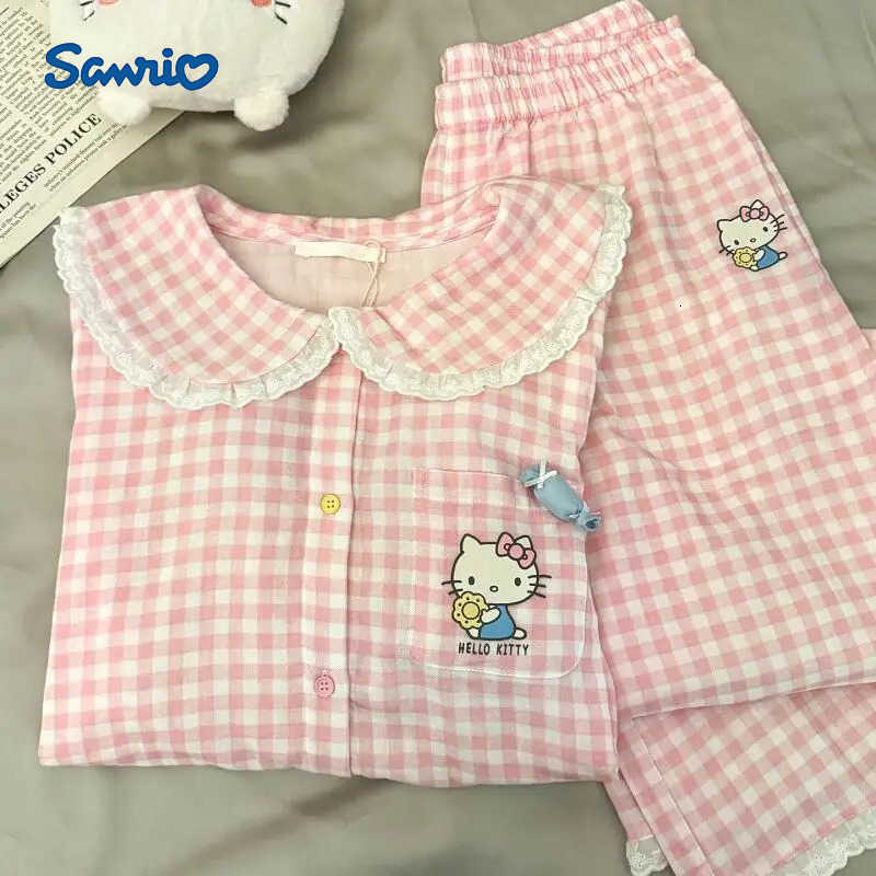 Sanrio Girl Long Sleeve 2Pcs Hello Kitty Cute Pajamas Spring and Autumn Korean Version Cartoon Home Clothing Can Be Worn Outside L250919
