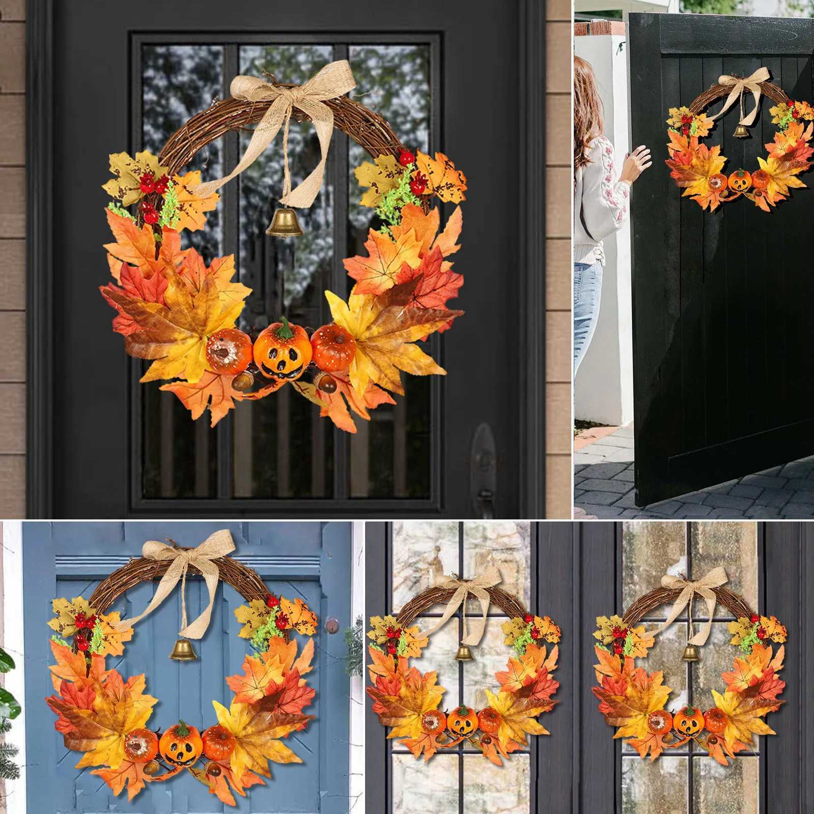 New Halloween Hanging Simulation Pumpkin Maple Leaf Bell Wreath Decoration Home Door Wall Ornament Crafts Decoration C250919