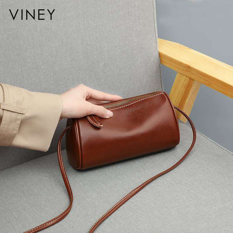 VINEY Ladies 2025 New Messenger Genuine Leather Pillow Cylindrical Women's Fashion Shoulder Bag