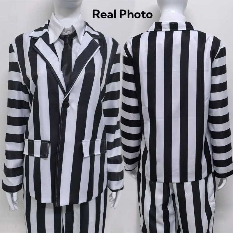Mens Adult Halloween Costume Black and White Striped Suit Shirt and Tie Scary Costumes Spooky Beetla Halloween Cosplay Outfits L250918