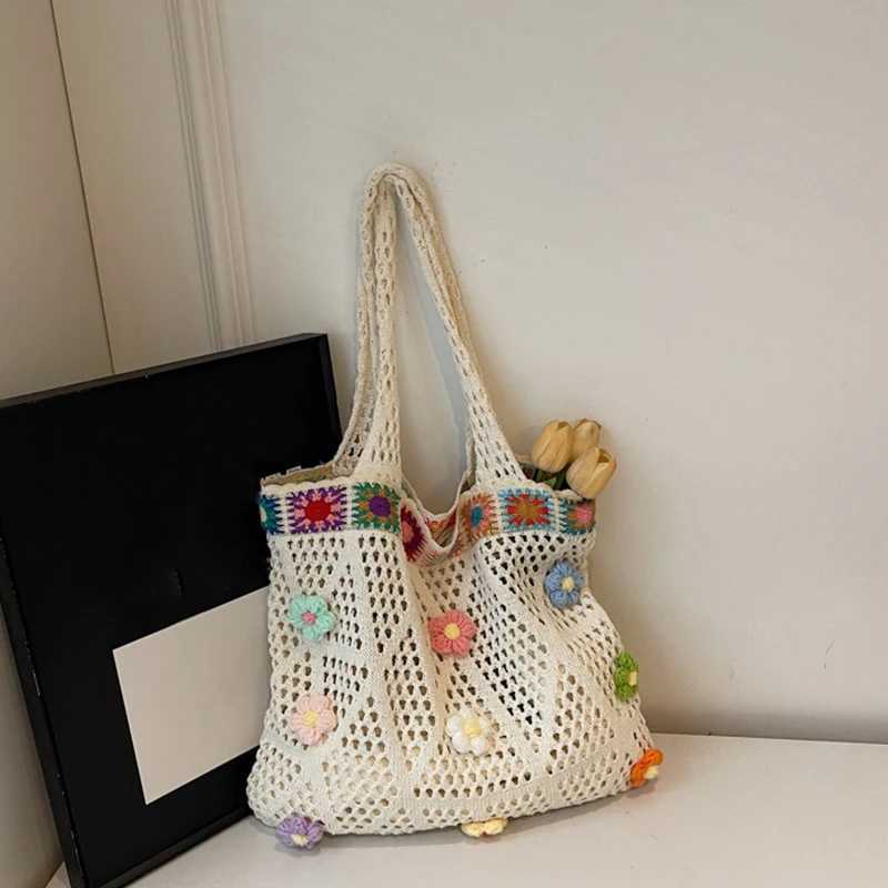 Out Crochet Flower Beach Tote Bag Colorful Beads Floral Trim Natural Straw Crochet Shoulder Bag for Women Casual Bag for Travel Z250915
