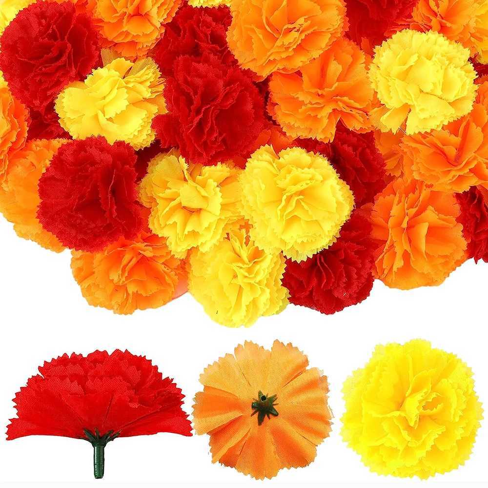 Yannew 100pcs Artificial Marigold Flowers Head Yellow Bulk Day of Dead Decoration for DIY Wreath Halloween Diwali Indian Decor C250919