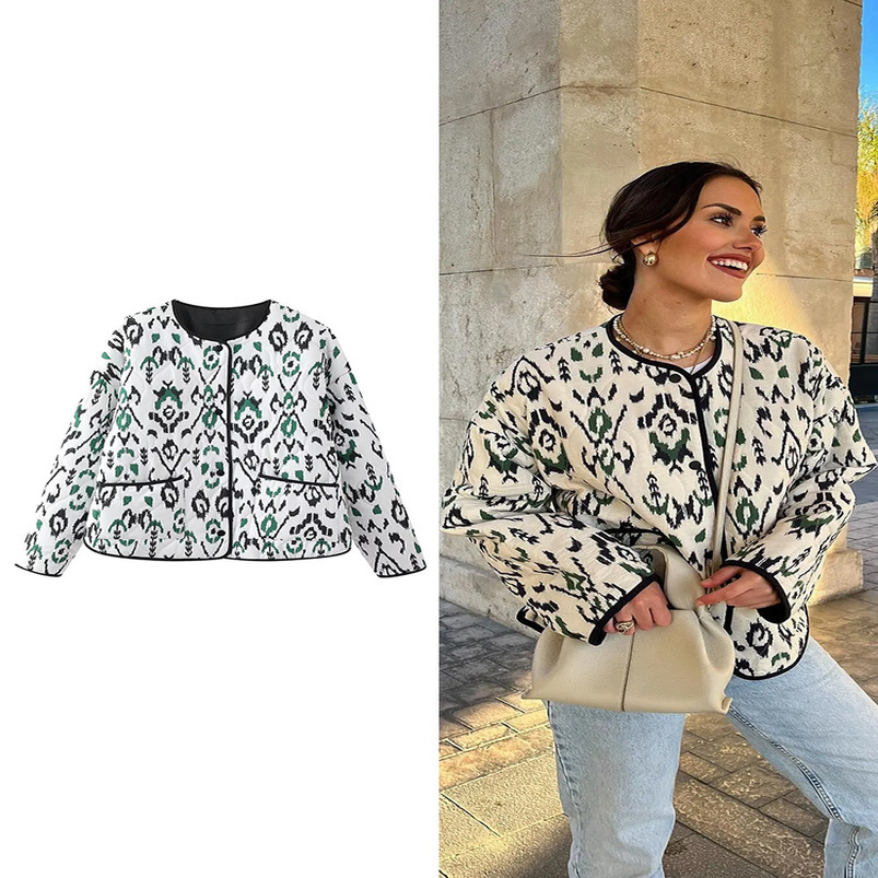 TRAF Womens Quilted Round Collar Jacket Autumn and Winter Bohemian Style Short Printed Fashion Temperament 250923