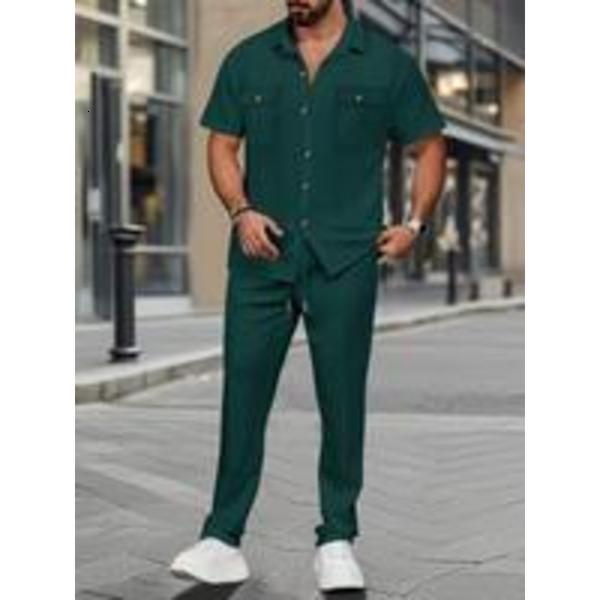 Men's New Solid Color Button Pocket Shirt Long Pants Set, Casual Knit Two-Piece for European and American Style