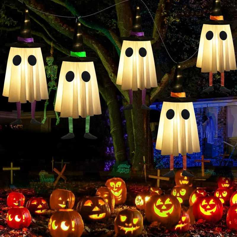 Halloween Hanging Ghost Decorations Outdoor Halloween Witches Hat Lights Glowing Ghosts for Garden Trees Yard Halloween Decor C250919