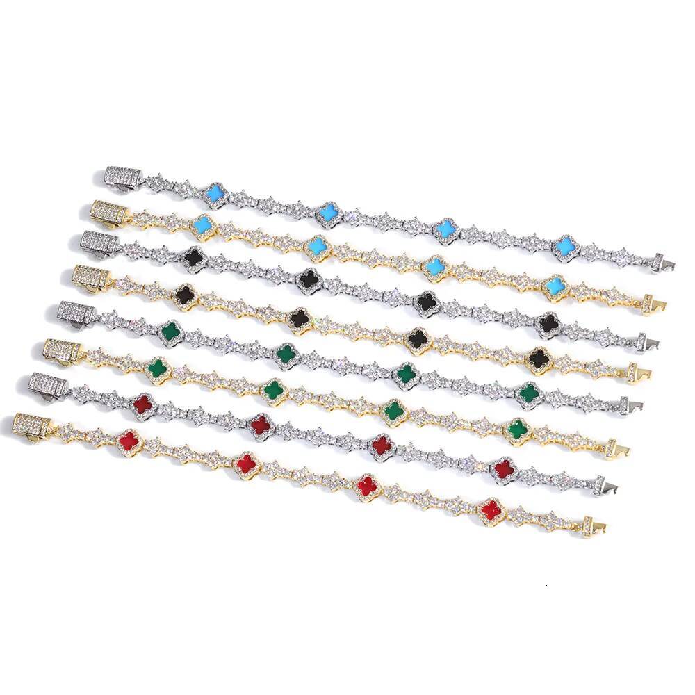 NUOYA Hip Hop New Style Iced Out Four Leaf Clover Necklace Silver Color 65mm Moissanite Diamond Colorful Tennis Chain Jewelry for Women