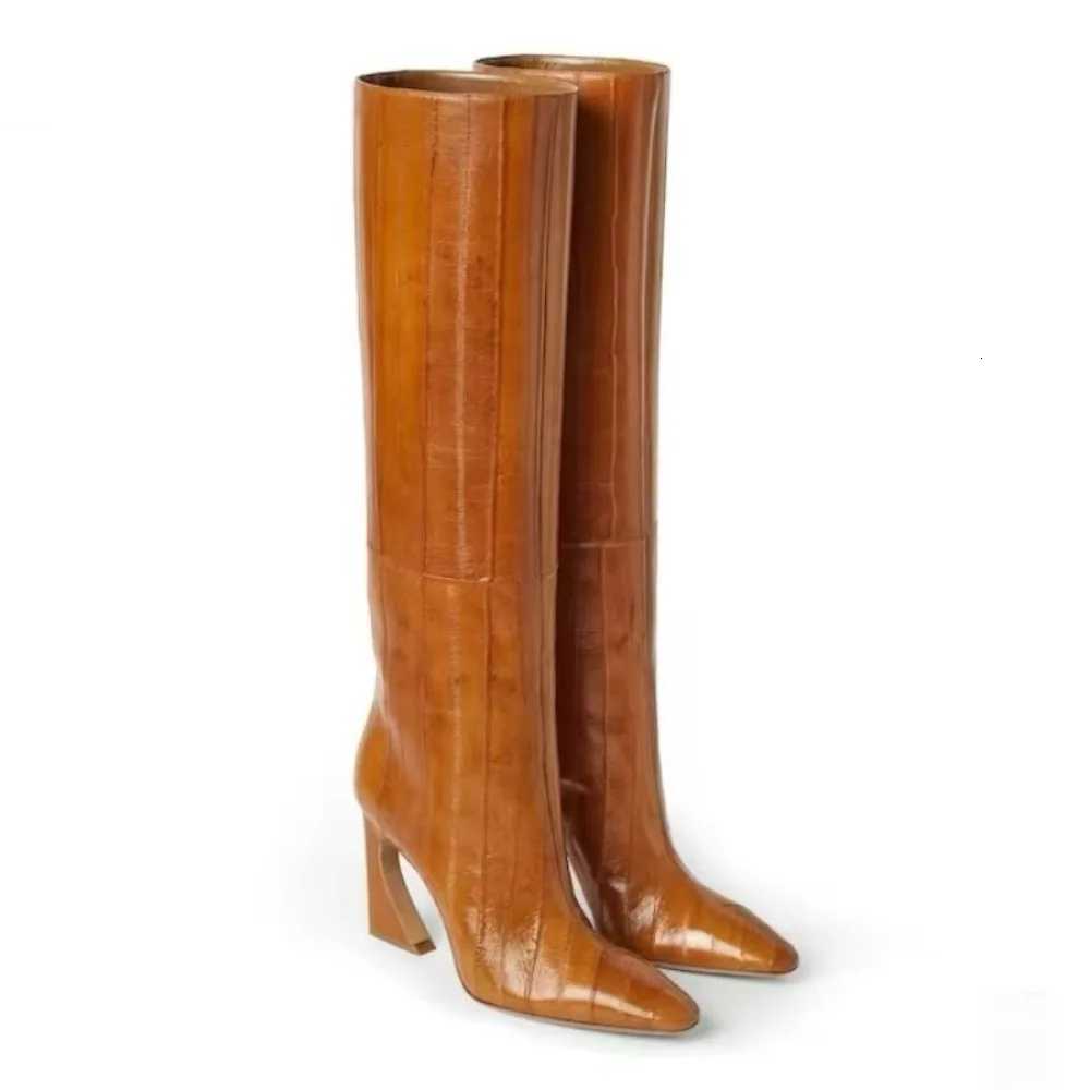 Womens Black Crocodile Patterned Knee High Boots with Pointed Toe Chunky Heel Stylish for Evening Parties Streetwear W250919