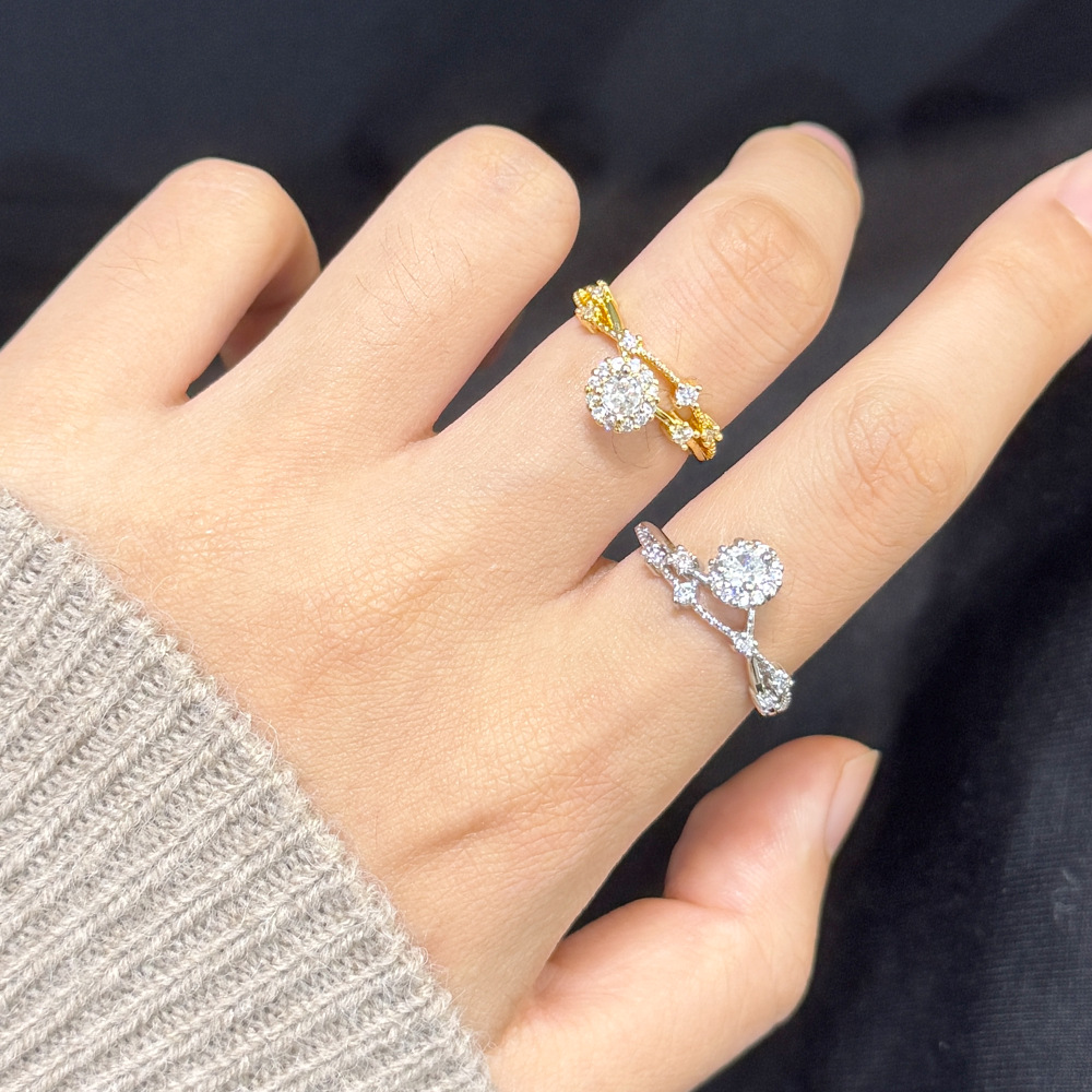 Gold - Toned Open Cuff Ring With Central Crystal And Intricate Crystal - Embellished Detailing Elegant Daily & Glamorous Jewelry Gift For Her High - Q