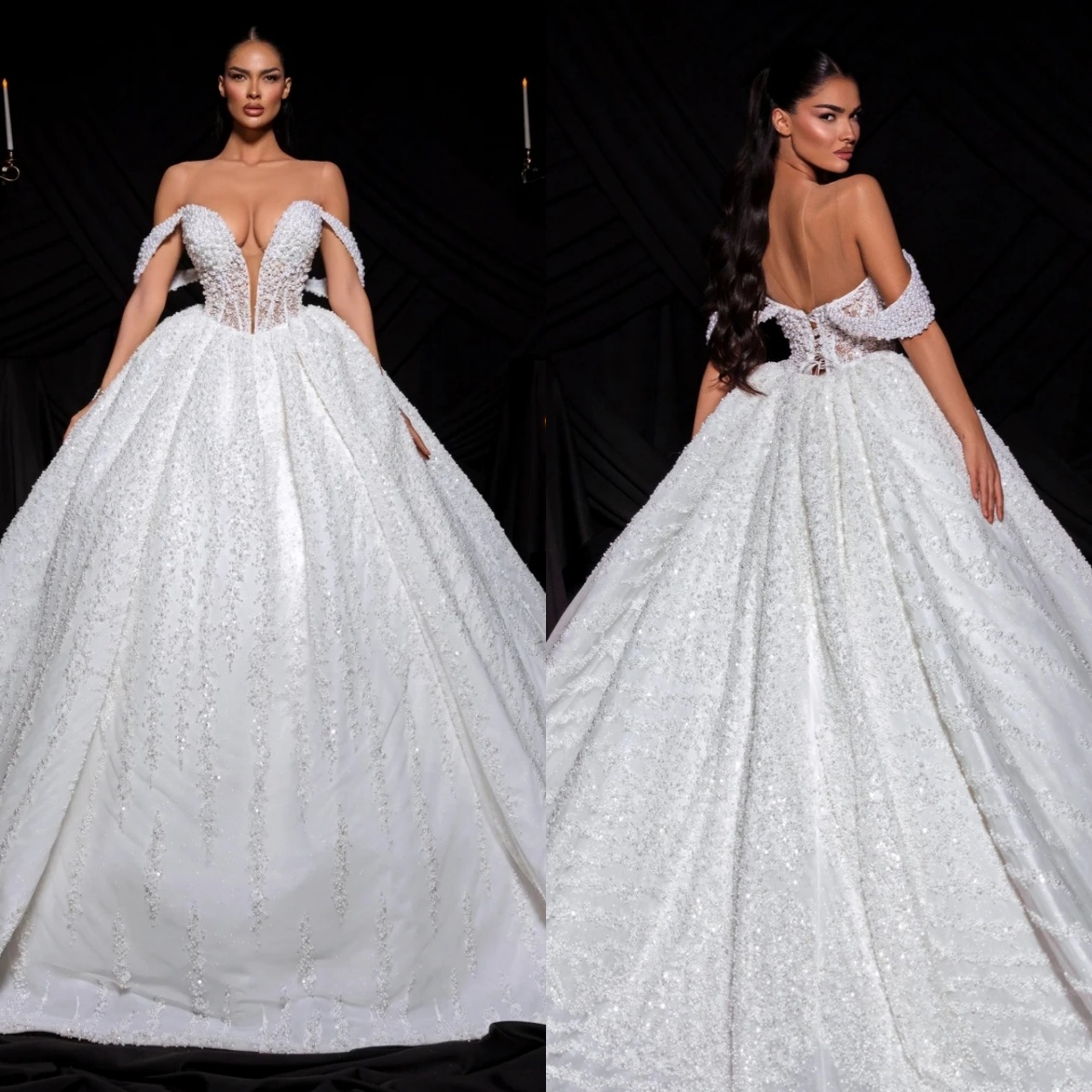 Gorgeous Wedding Dresses Pearls Off Shoulder Bridal Ball Gowns Beading Backless Princess Sweep Train Customized Vestidos De Novia Plus Size
