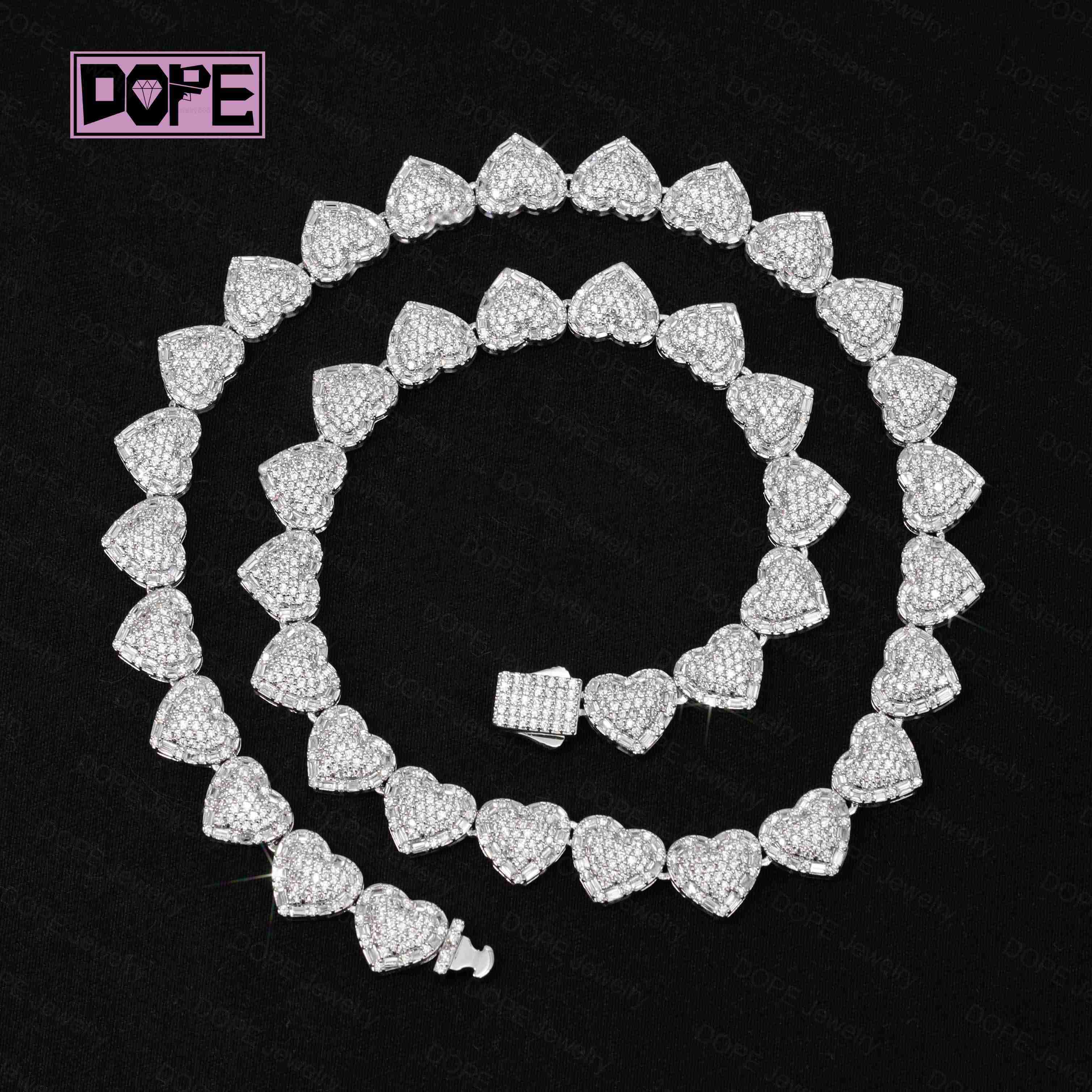 Hip Hop 10mm Moissanite Tennis Chain Cluster Heart Shape Iced Out 925 Sterling Silver Heart Tennis Necklace