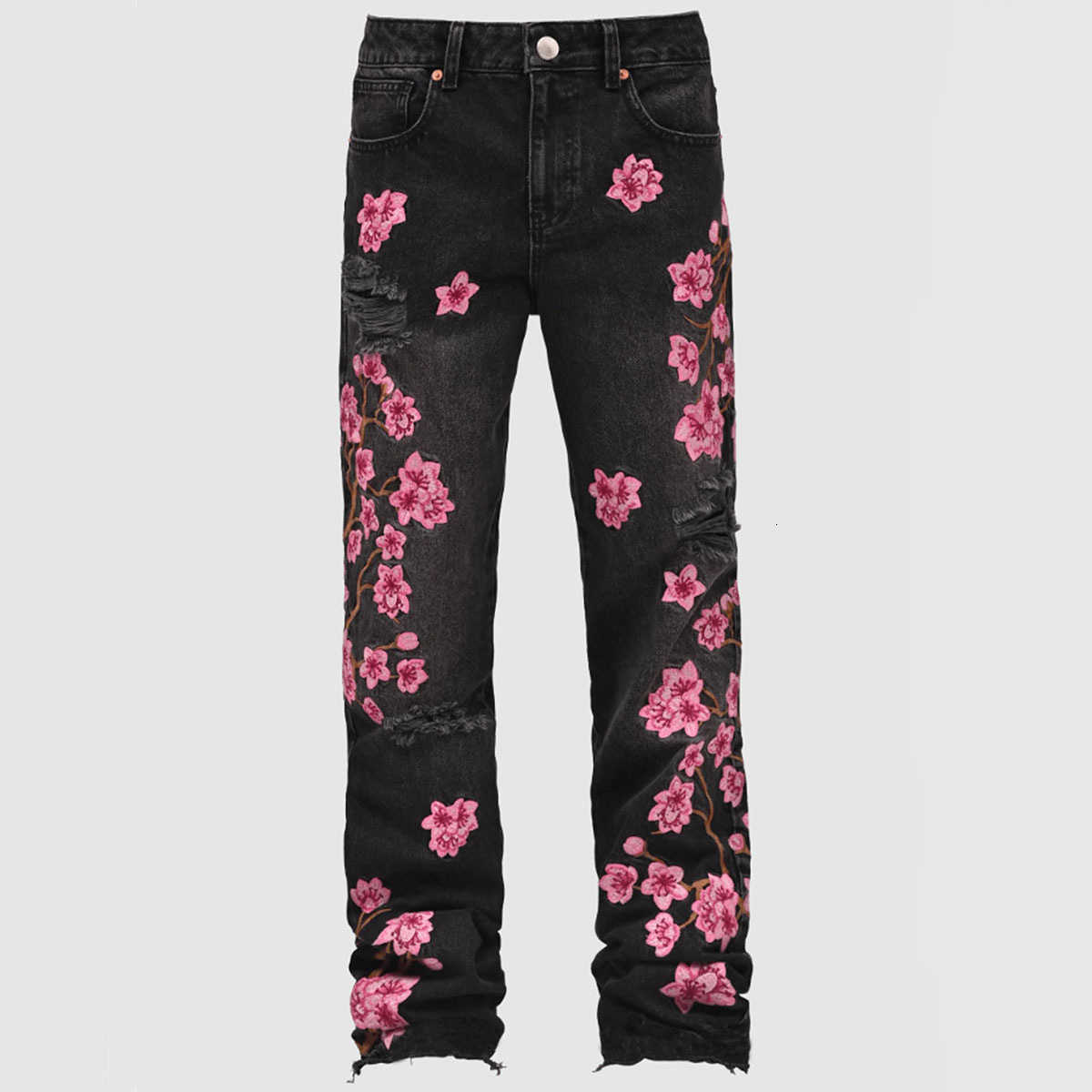 New men's straight-leg denim pants, trendy street fashion from Europe and America, popular on Instagram, non-elastic, embroidered denim straight-