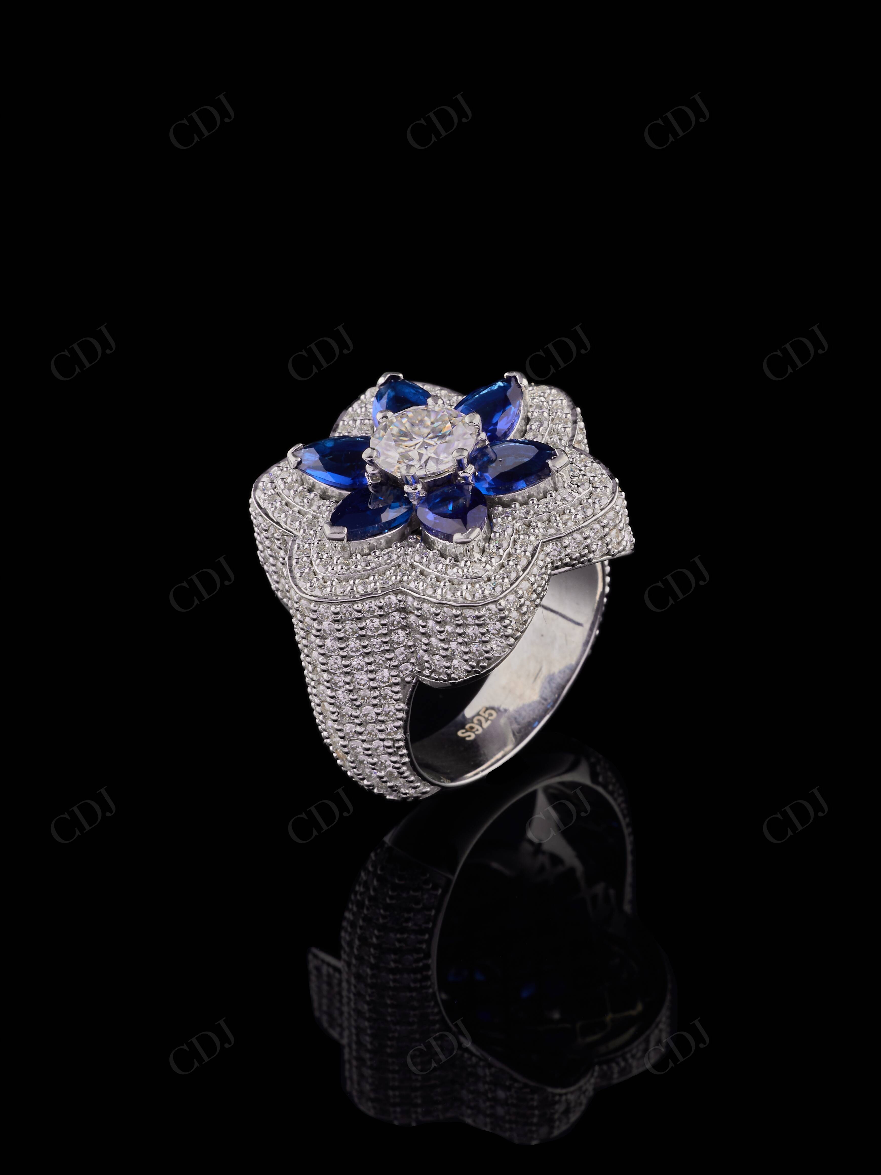 925 Sterling Silver Blue Moissanite Diamond Hip Hop Fully Iced Out New Arrivals Latest Design Flower Shape Design Ring For Mens