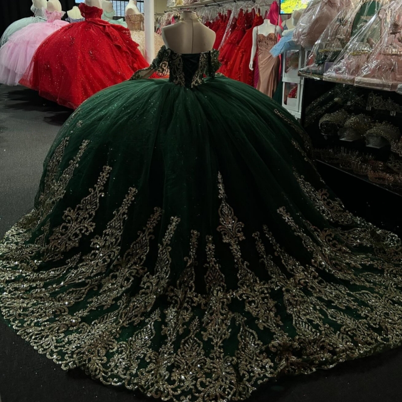 Black Green Shiny Quinceanera Dresses Off The Shoulder Gold Applique Lace Beads Tull Party Birthday Sweet 16 Dress Vestidos De 15 Anos
