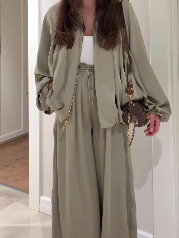 Fashion Elastic Waist Pants Sport Suit Elegant Zipper Jacket Long Pant Outfits Womens Casual Long Sleeve Solid Loose 2Pc Set 250917