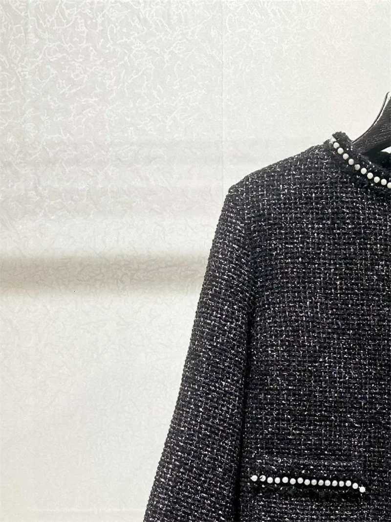 Autumn Winter Womens Pearl Trim Tweed Coat Long Sleeve ONeck Single Breasted Cardigan Female Jacket Z250918