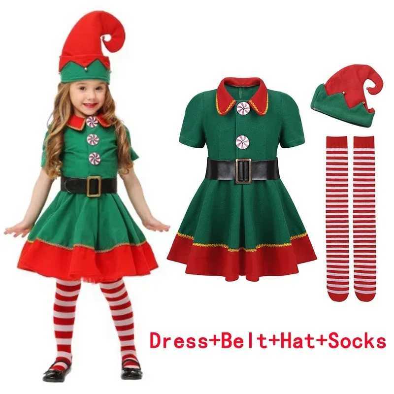 New Year Elf Costume for Kids Girl Red Green Santa Claus Suit Set with Hat Children Fancy Christmas Party Dress Set Performance L250918