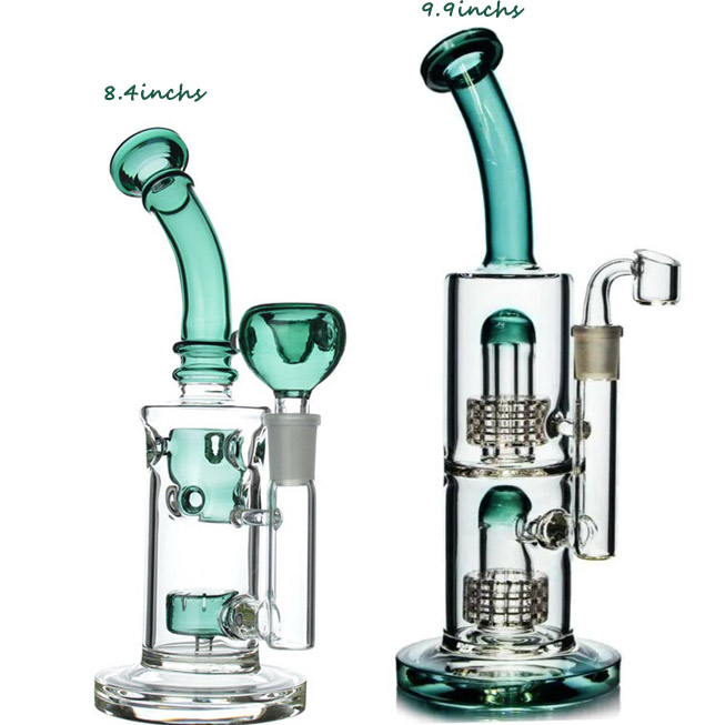 Green Double Matrix Glass Water Bongs Recycler Dab Rigs Smoking Glass Water Pipes Bubbler Oil Hookahs Bong With 14mm Joint