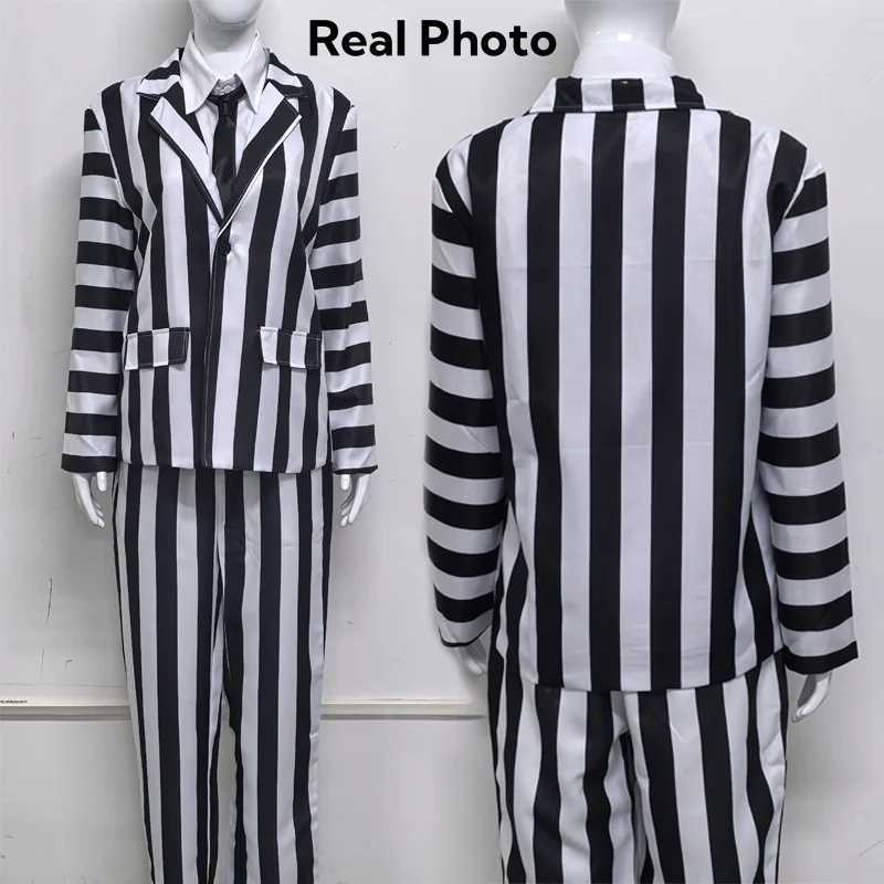 Mens Adult Halloween Costume Black and White Striped Suit Shirt and Tie Scary Costumes Spooky Beetla Halloween Cosplay Outfits L250918