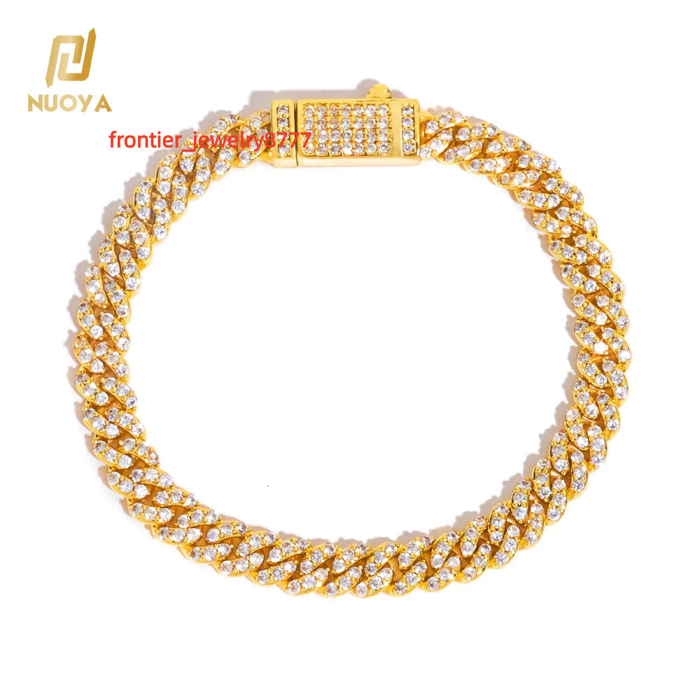 NUOYA Elegant 6mm Gold Plated Cuban Link Chain Full Pave Moissanite Iced Out Shiny Bracelet Luxury Hip Hop Jewelry