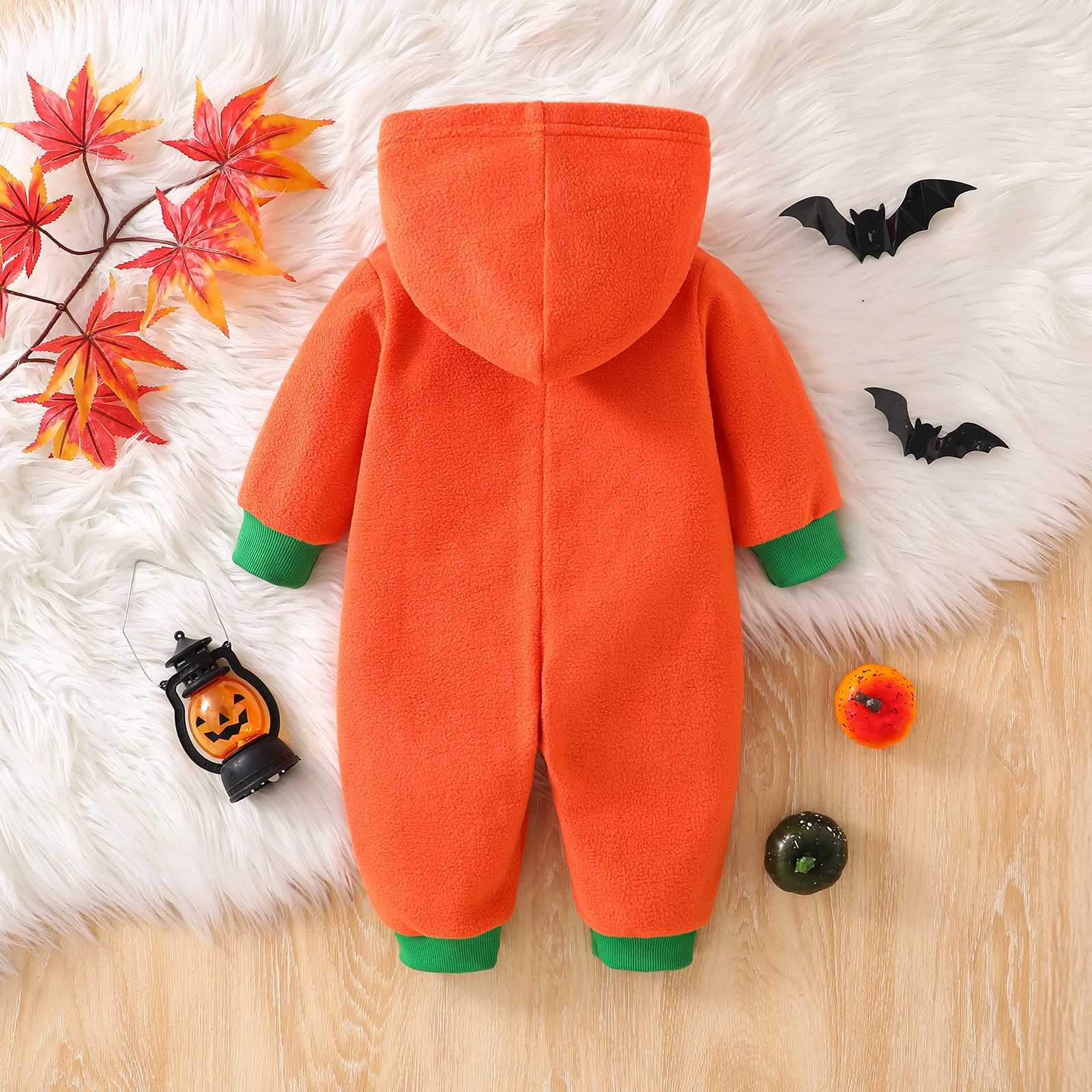 Cute Halloween Costume Baby Boy Girl Pumpkin Romper Contrast Trim Long Sleeve Hooded Jumpsuit L250918