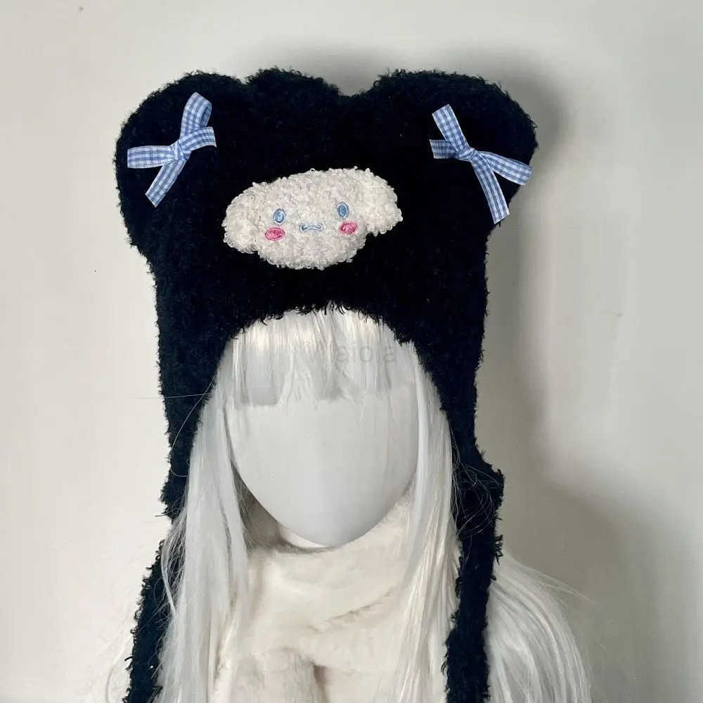 Sanrio New Cinnamoroll My Melody Hat Kawaii Kuromi Cute Bow Bear Ear Needle Knitted Hat Cartoon Plush Solid Color Ear Protection Hat L250919