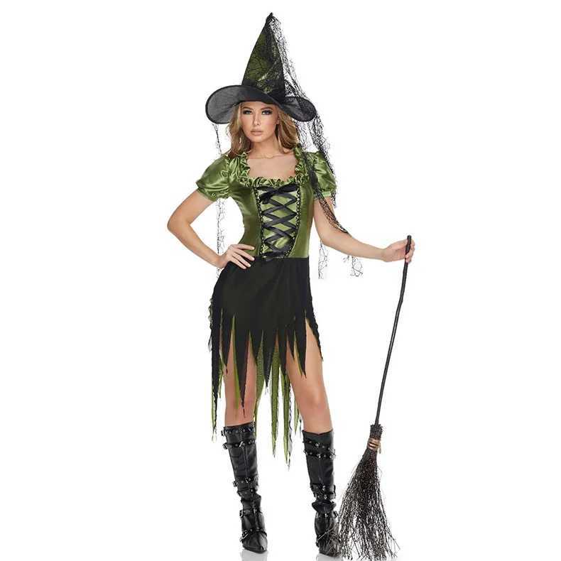 Women Witch Costume Holly Dark Witch Costume With Black and Green Dress and Hat For Halloween And Party L250918