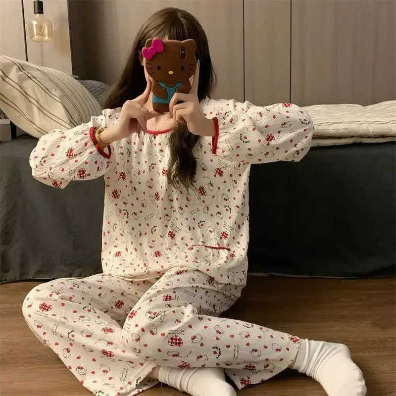 Sanrio Cute Hello Kitty Pajamas Set for Women Autumn LongSleeved Pants Japanese Cotton Pullover Loose Girl Home Clothing Set L250919