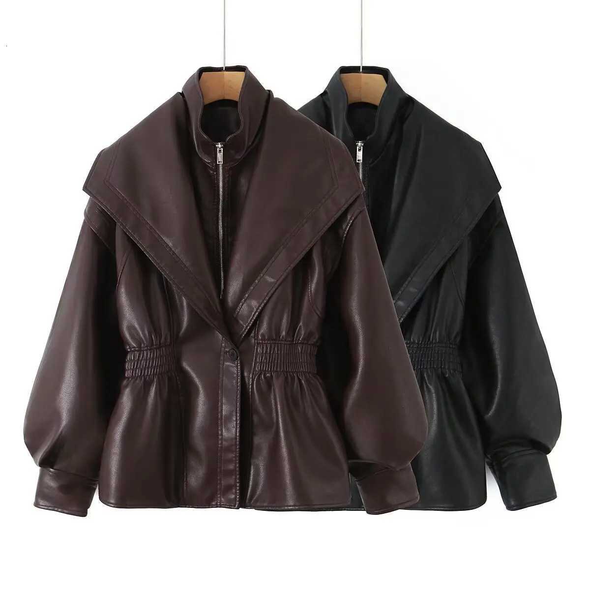 Lady New Autumn High Street Jacket Outwear Brown Zipper Pu Leather Jacket Women Casual Lapel Vneck Elastic Waist Cinching Coat Z250918