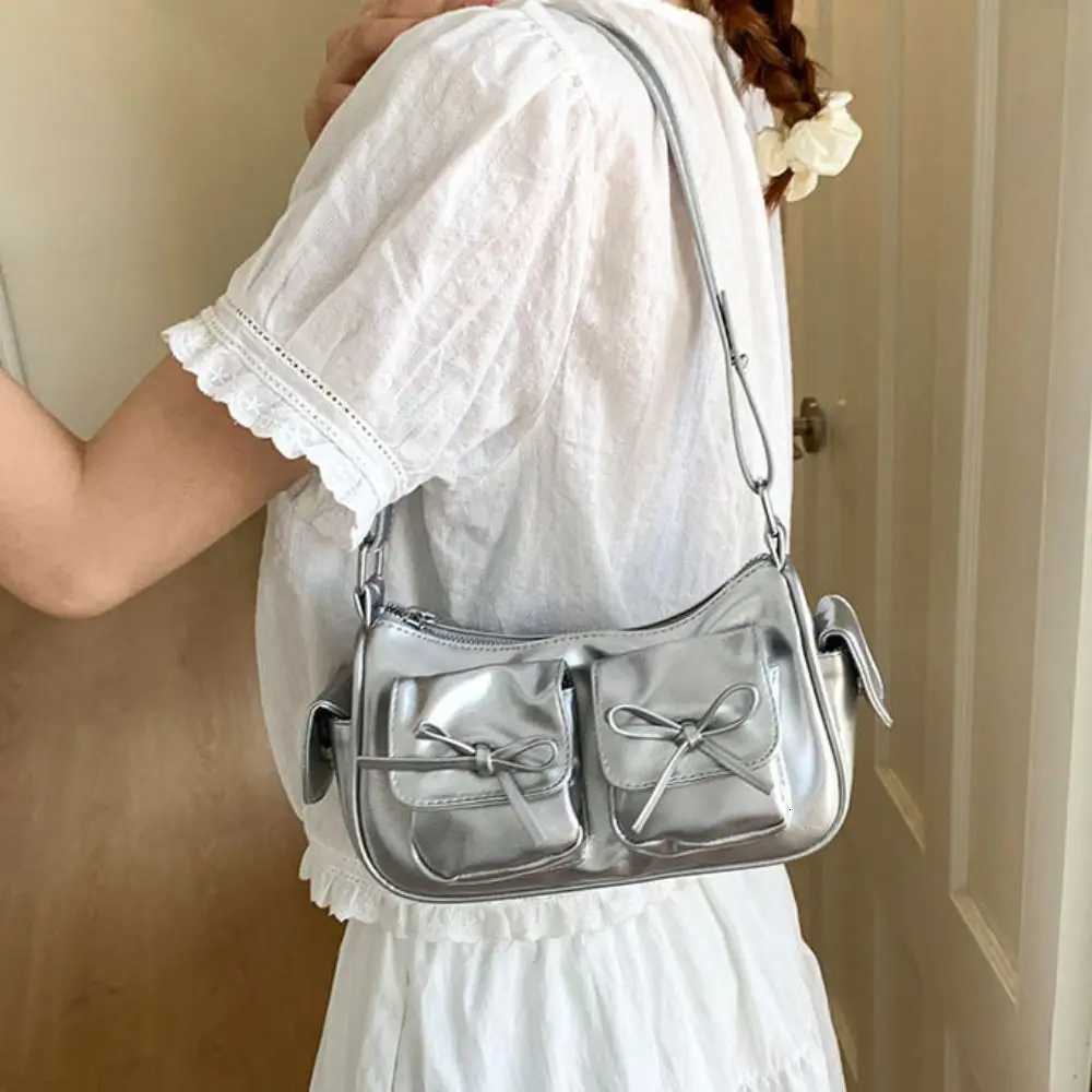 Multiple Pockets Bow Crossbody Bag Korean Style Zipper PU Leather Underarm Bag Adjustable Shoulder Strap Solid ColorXJ250918