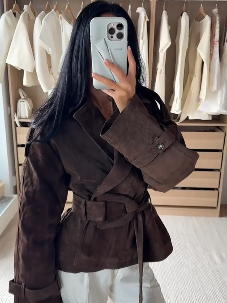 Women Brown Suede Cropped Trench Coat Jacket Belted Notched Lapel Laceup Retro Chic Outerwear Autumn Winter High Street Outfit 250919