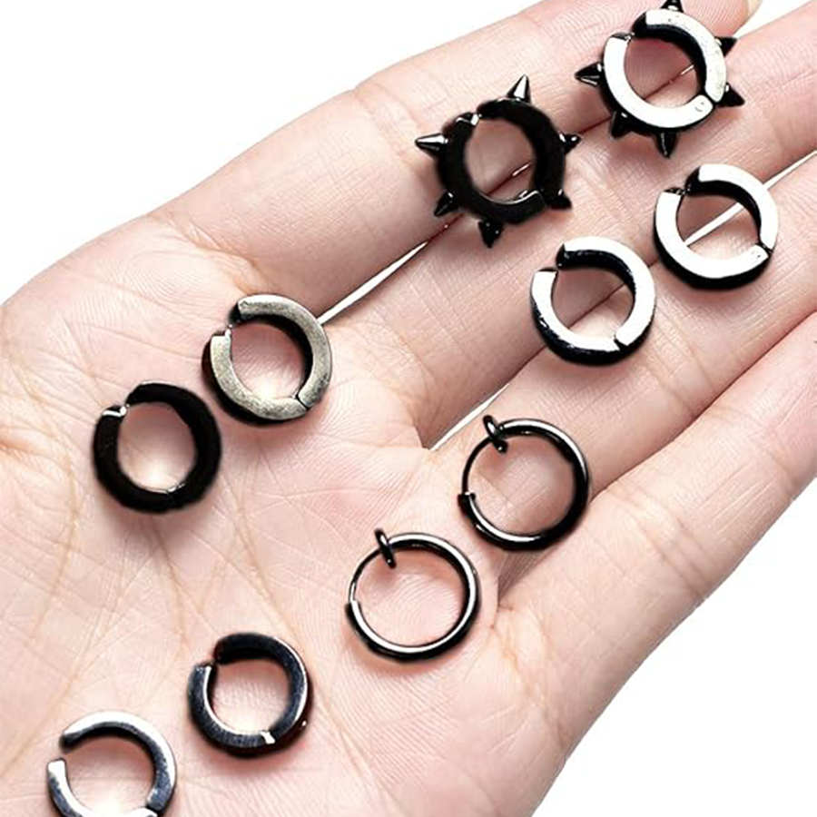 12 Pairs Magnetic Stud Earrings Stainless Steel CZ Hoop Punk Feather Dangle Hinged Non-Piercing Earrings Clip on Magnet Earring Set for Women Men Blac