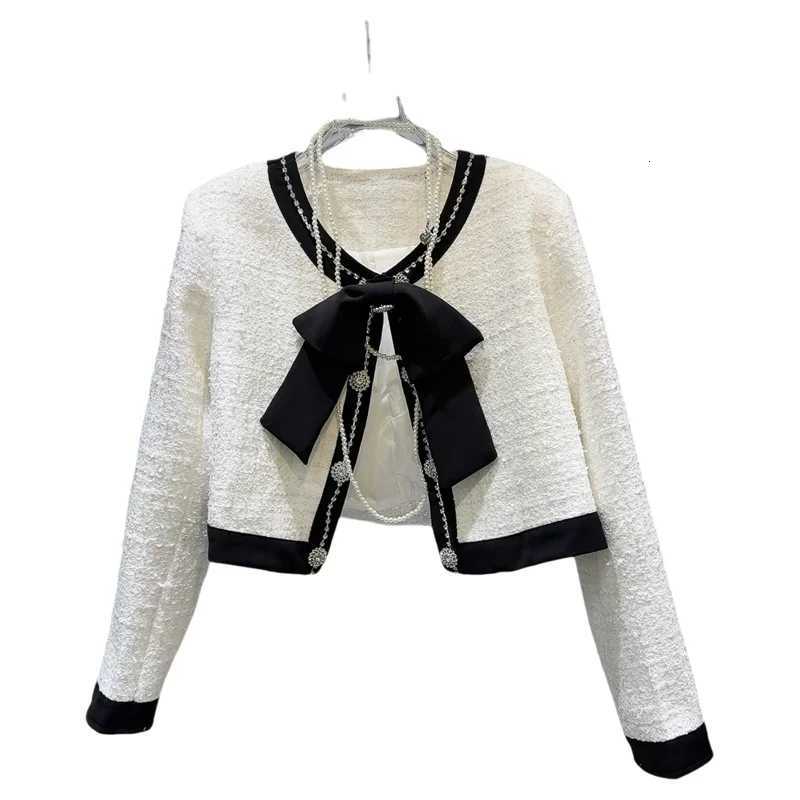 Spring 2025 new pearl chain bow decorated tweed jacket clothes Z250918