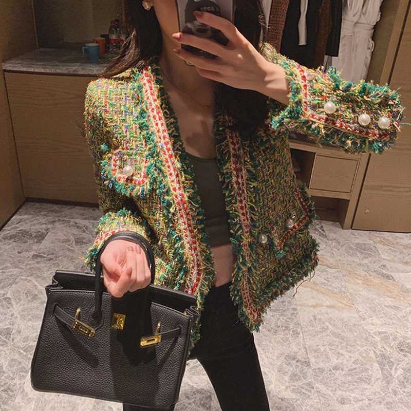 New High Quality Designer Women Tweed Jackets v neck 2022 Spring Autumn Womens Long Sleeve Pearl Button Slim Tweed Coats QT52 Z250918