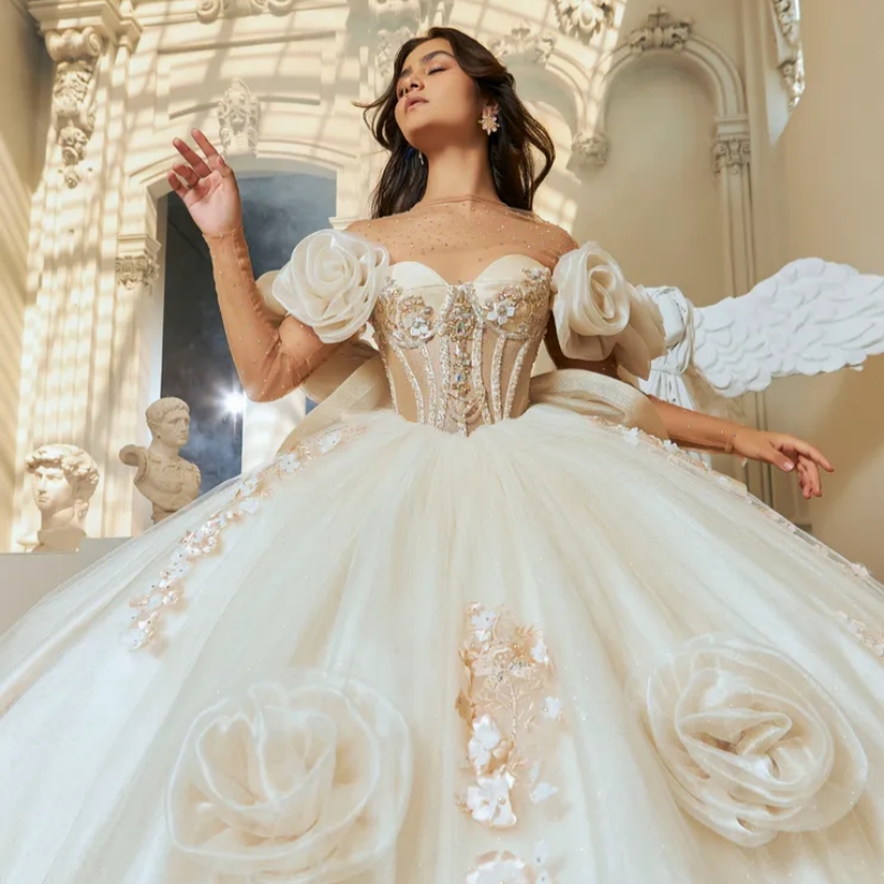 Ivory Shiny Quinceanera Dresses Off The Shoulder Applique Flower Beads Tull Party Birthday Sweet 16 Dress Vestidos De 15 Anos