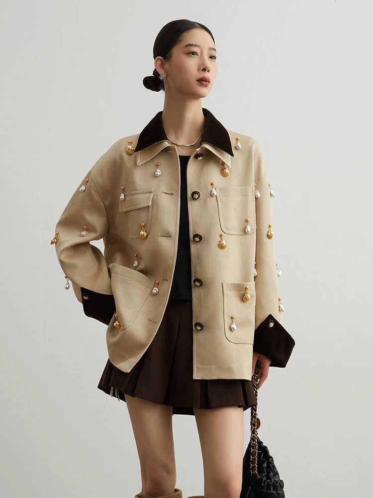 Elegant Women Pearl Embellished Jacket Long Sleeve Button Down Pocket Coat Contrast Collar Vintage Style Outerwear for Ladies Z250918