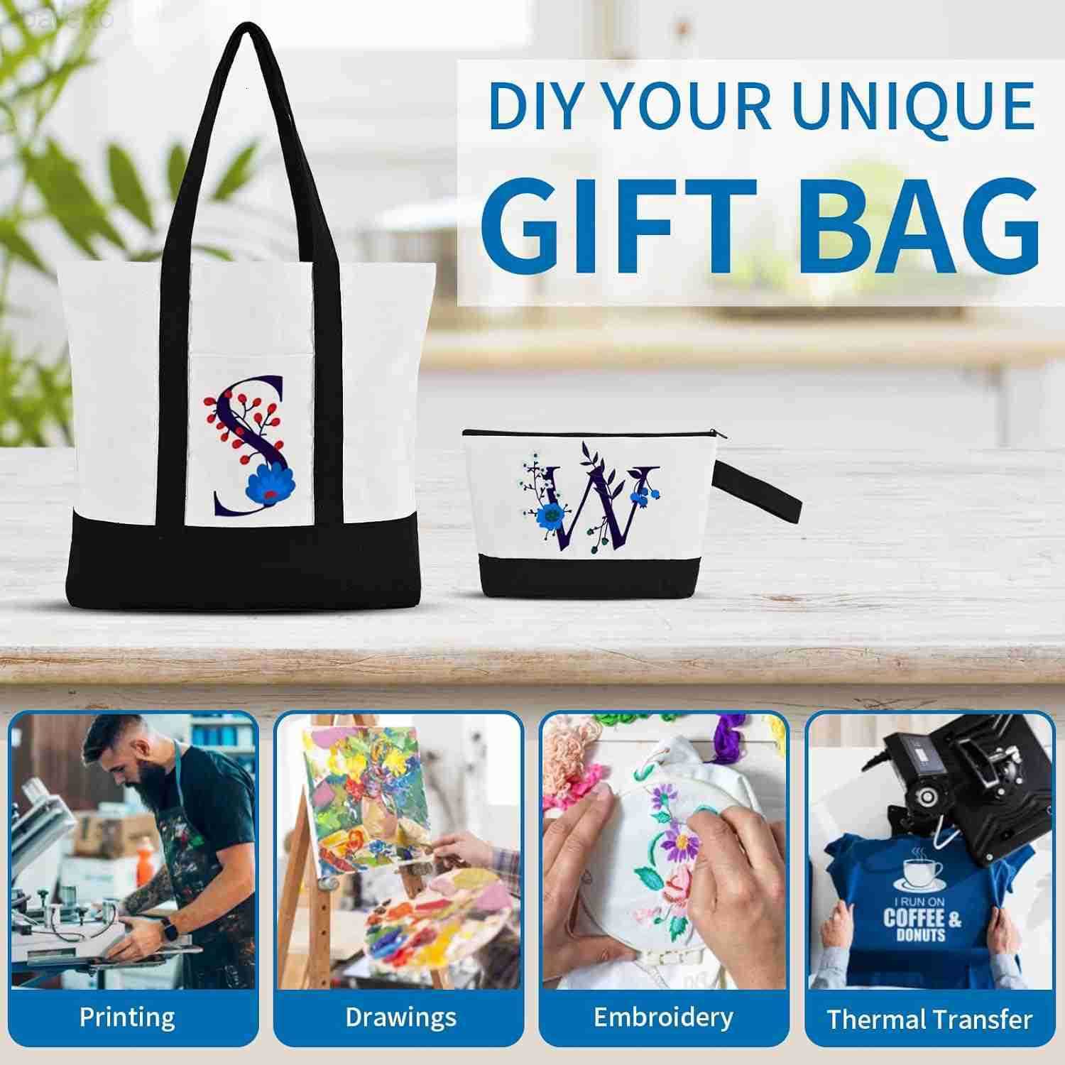 2 Pcs Canvas Tote Bags Bulk and Makeup Pouches Set 12oz Cotton Reusable Zippered Grocery Bags with Handles DIY Sublimation Halloween Craft Beach Trave