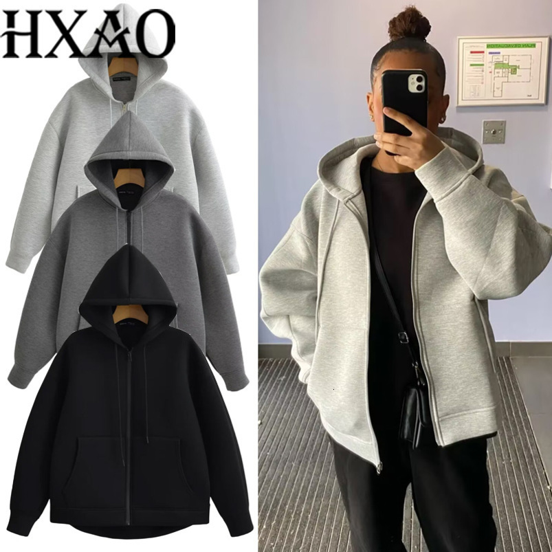 HXAO Hoodie Woman Outerwears Long Sleeve DemiSeason Women Jacket Coat Casual Sweatshirt With Zipper Grey Black Coats 250923