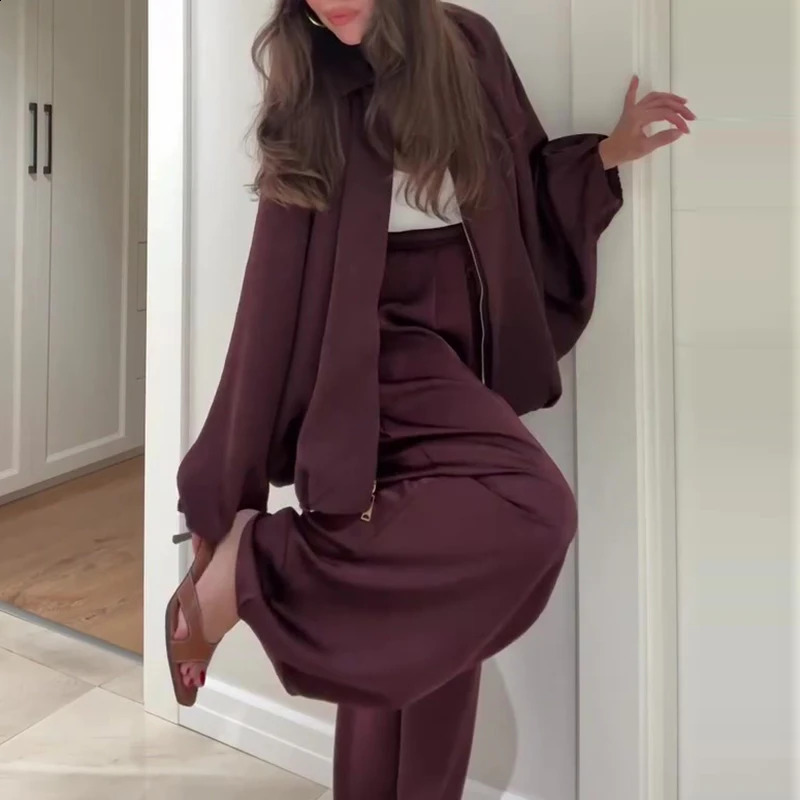 Fashion Elastic Waist Pants Sport Suit Elegant Zipper Jacket Long Pant Outfits Womens Casual Long Sleeve Solid Loose 2Pc Set 250917