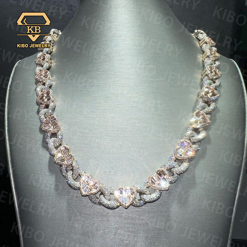 Hip Hop Chaine Jewelry VVS 925 Sterling Silver Rose White Gold Two Tones Plated 18mm Diamond Moissanite Heart Cuban Link Chain