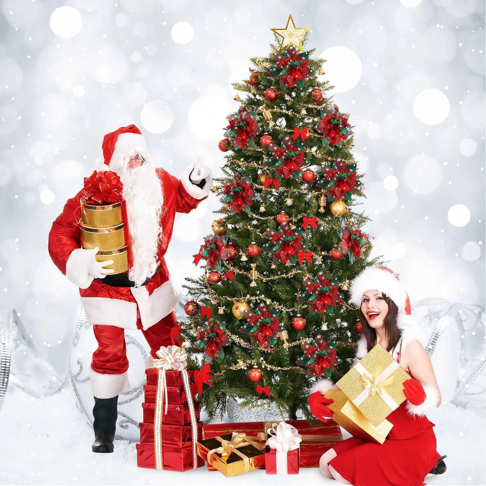 5PCS Glitter Christmas Poinsettia Artificial Flowers with Clips Stems for Xmas Tree Wreath DIY Wedding Home New Year Decorations C250919